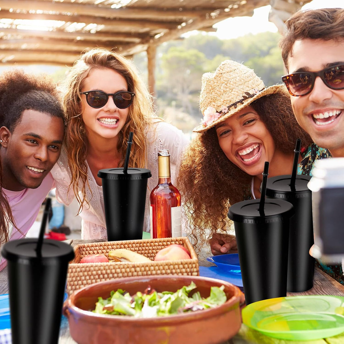 16-Piece Reusable Cups with Lids and Straws, 24 oz Glitter Plastic Tumbler Iced Coffee Cups Travel Mug Cup for Smoothie Juices Beach or Bachelor Party (Black)