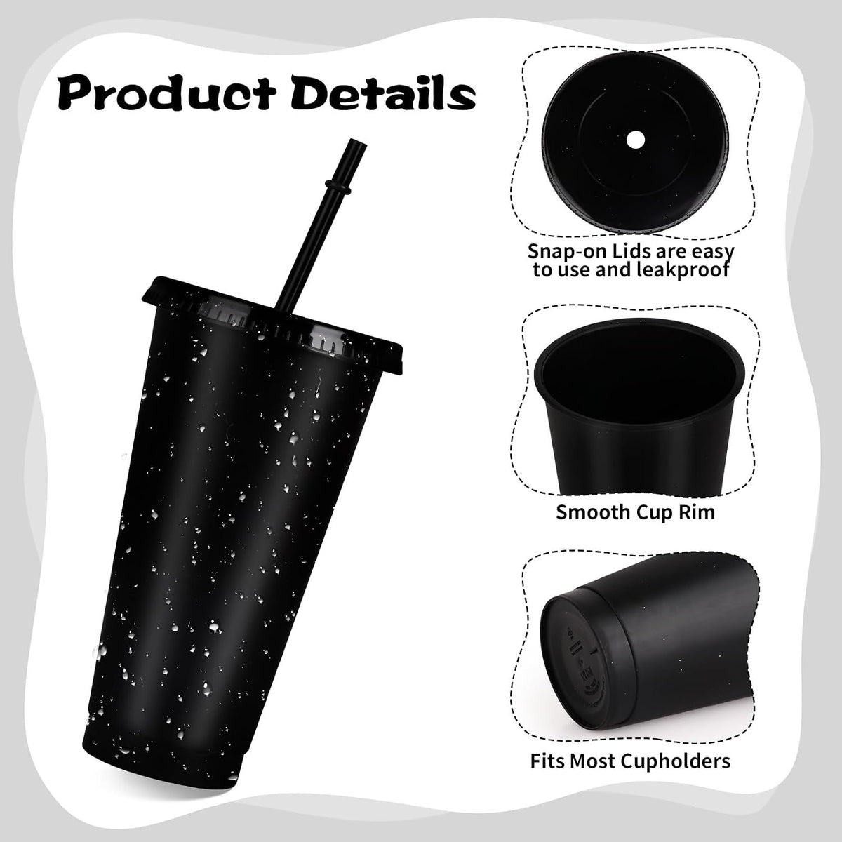 16-Piece Reusable Cups with Lids and Straws, 24 oz Glitter Plastic Tumbler Iced Coffee Cups Travel Mug Cup for Smoothie Juices Beach or Bachelor Party (Black)