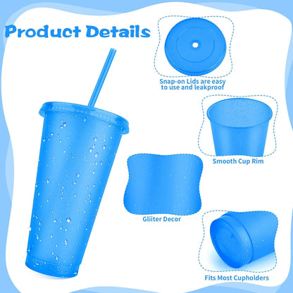 16-Piece Reusable Cups with Lids and Straws, 24 oz Glitter Plastic Tumbler Iced Coffee Cups Travel Mug Cup for Smoothie Juices Beach or Bachelor Party (Black)