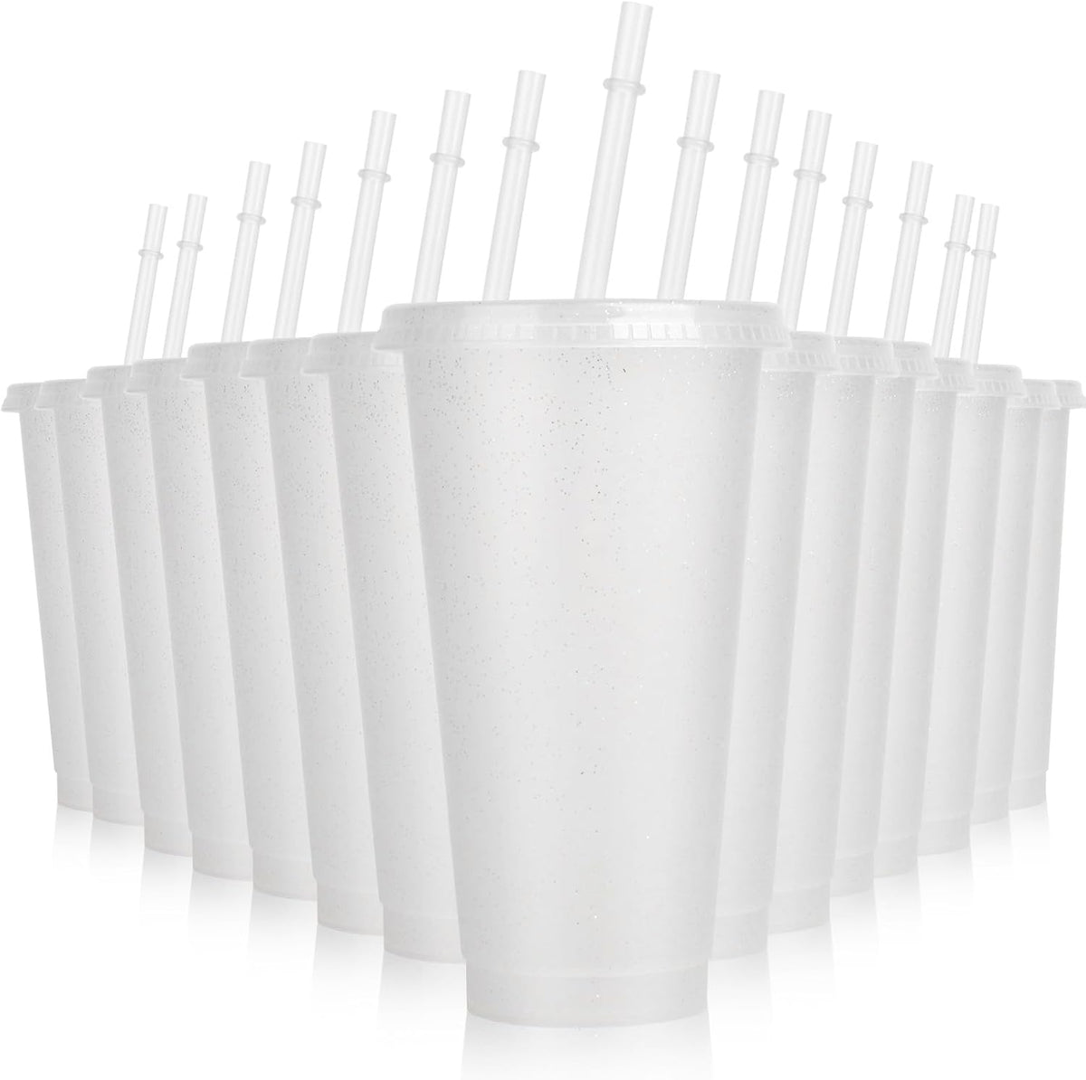 16-Piece Reusable Cups with Lids and Straws, 24 oz Glitter Plastic Tumbler Iced Coffee Cups Travel Mug Cup for Smoothie Juices Beach or Bachelor Party (Black)