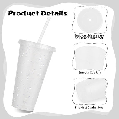 16-Piece Reusable Cups with Lids and Straws, 24 oz Glitter Plastic Tumbler Iced Coffee Cups Travel Mug Cup for Smoothie Juices Beach or Bachelor Party (Black)