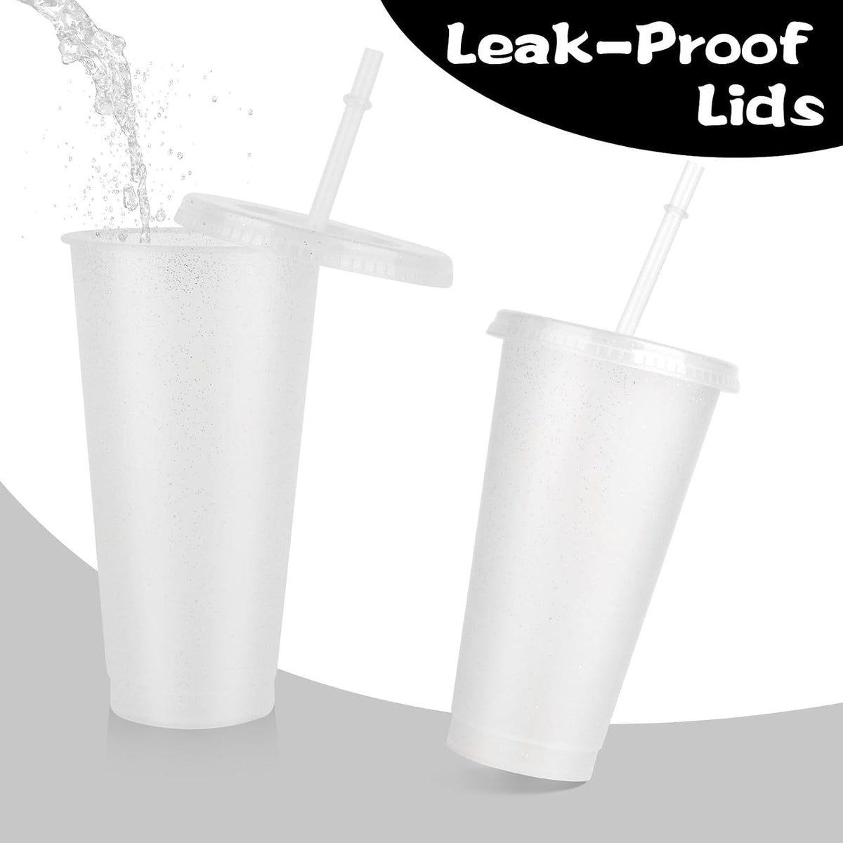 16-Piece Reusable Cups with Lids and Straws, 24 oz Glitter Plastic Tumbler Iced Coffee Cups Travel Mug Cup for Smoothie Juices Beach or Bachelor Party (Black)