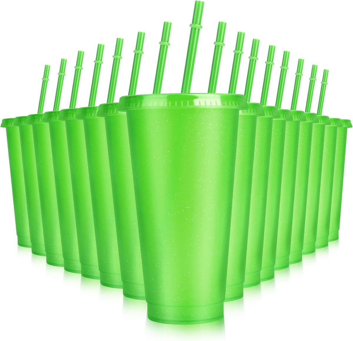 16-Piece Reusable Cups with Lids and Straws, 24 oz Glitter Plastic Tumbler Iced Coffee Cups Travel Mug Cup for Smoothie Juices Beach or Bachelor Party (Black)