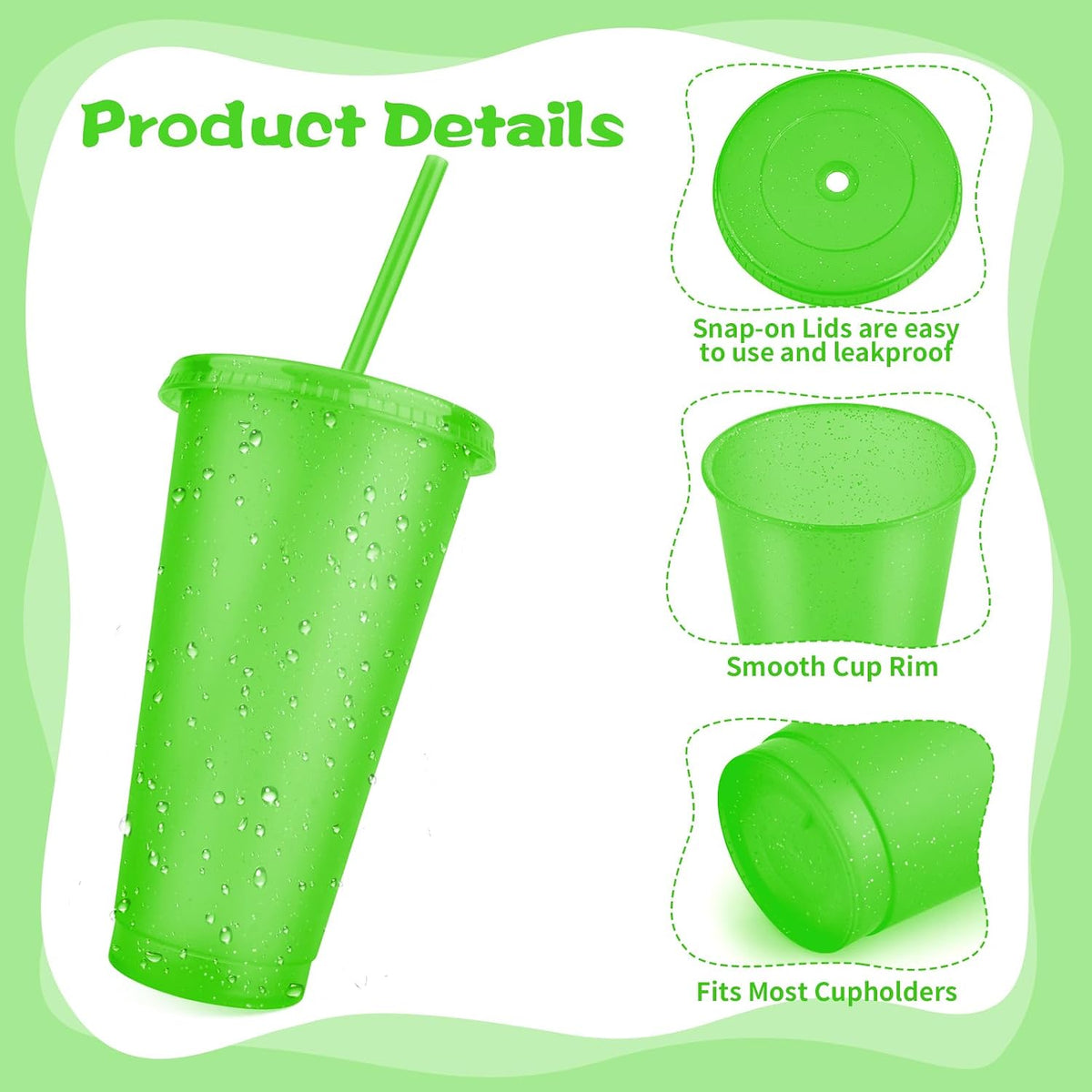 16-Piece Reusable Cups with Lids and Straws, 24 oz Glitter Plastic Tumbler Iced Coffee Cups Travel Mug Cup for Smoothie Juices Beach or Bachelor Party (Black)