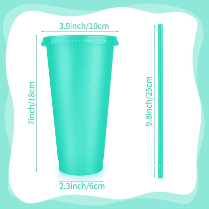 16-Piece Reusable Cups with Lids and Straws, 24 oz Glitter Plastic Tumbler Iced Coffee Cups Travel Mug Cup for Smoothie Juices Beach or Bachelor Party (Black)