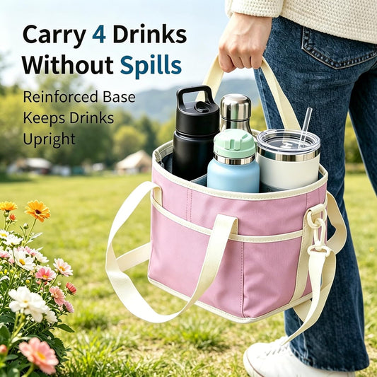 Drink Carrier Bag Insulated 4 Compartment, Multiple Tumbler Carrier Caddy, Family Size 4 Bottles Drink Bag, Water Bottle Holder with Adjustable Strap, Drink Caddy Tote for Coffee, Travel, Outings