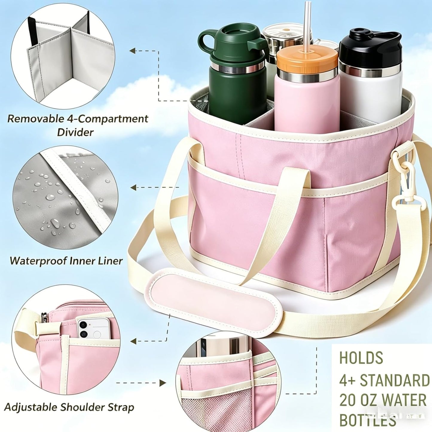 Drink Carrier Bag Insulated 4 Compartment, Multiple Tumbler Carrier Caddy, Family Size 4 Bottles Drink Bag, Water Bottle Holder with Adjustable Strap, Drink Caddy Tote for Coffee, Travel, Outings