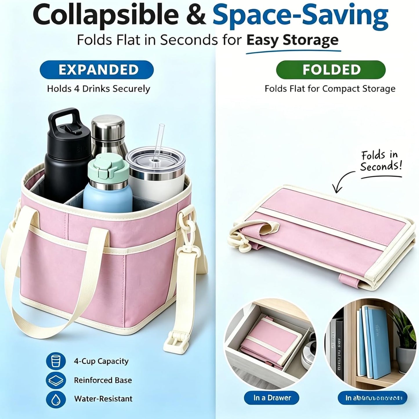Drink Carrier Bag Insulated 4 Compartment, Multiple Tumbler Carrier Caddy, Family Size 4 Bottles Drink Bag, Water Bottle Holder with Adjustable Strap, Drink Caddy Tote for Coffee, Travel, Outings