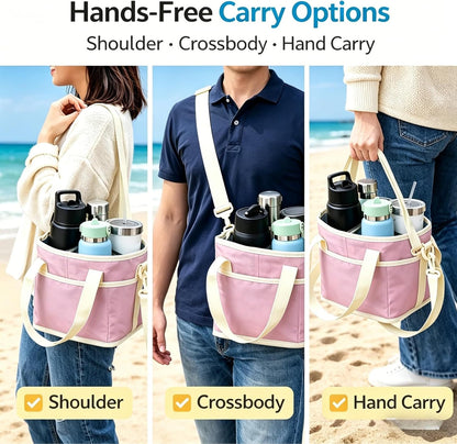 Drink Carrier Bag Insulated 4 Compartment, Multiple Tumbler Carrier Caddy, Family Size 4 Bottles Drink Bag, Water Bottle Holder with Adjustable Strap, Drink Caddy Tote for Coffee, Travel, Outings