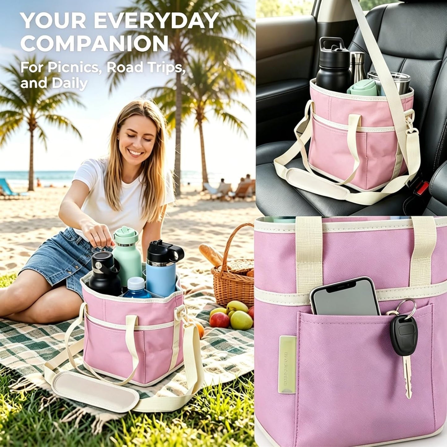 Drink Carrier Bag Insulated 4 Compartment, Multiple Tumbler Carrier Caddy, Family Size 4 Bottles Drink Bag, Water Bottle Holder with Adjustable Strap, Drink Caddy Tote for Coffee, Travel, Outings