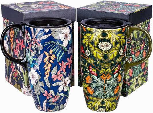 17 oz Ceramic Travel Mug with Lid and Handle, Floral | Tall Tea Cup, Microwave & Dishwasher Safe Coffee Cup, Gift Box Included