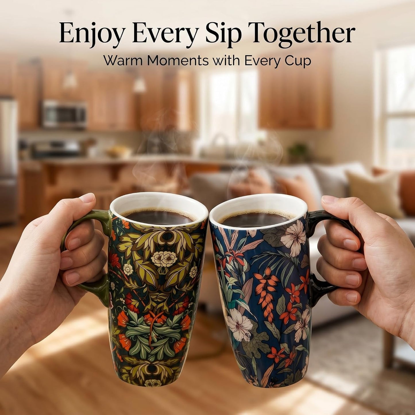 17 oz Ceramic Travel Mug with Lid and Handle, Floral | Tall Tea Cup, Microwave & Dishwasher Safe Coffee Cup, Gift Box Included