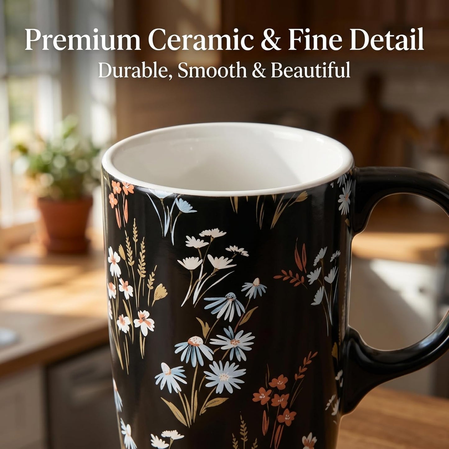 17 oz Ceramic Travel Mug with Lid and Handle, Floral | Tall Tea Cup, Microwave & Dishwasher Safe Coffee Cup, Gift Box Included
