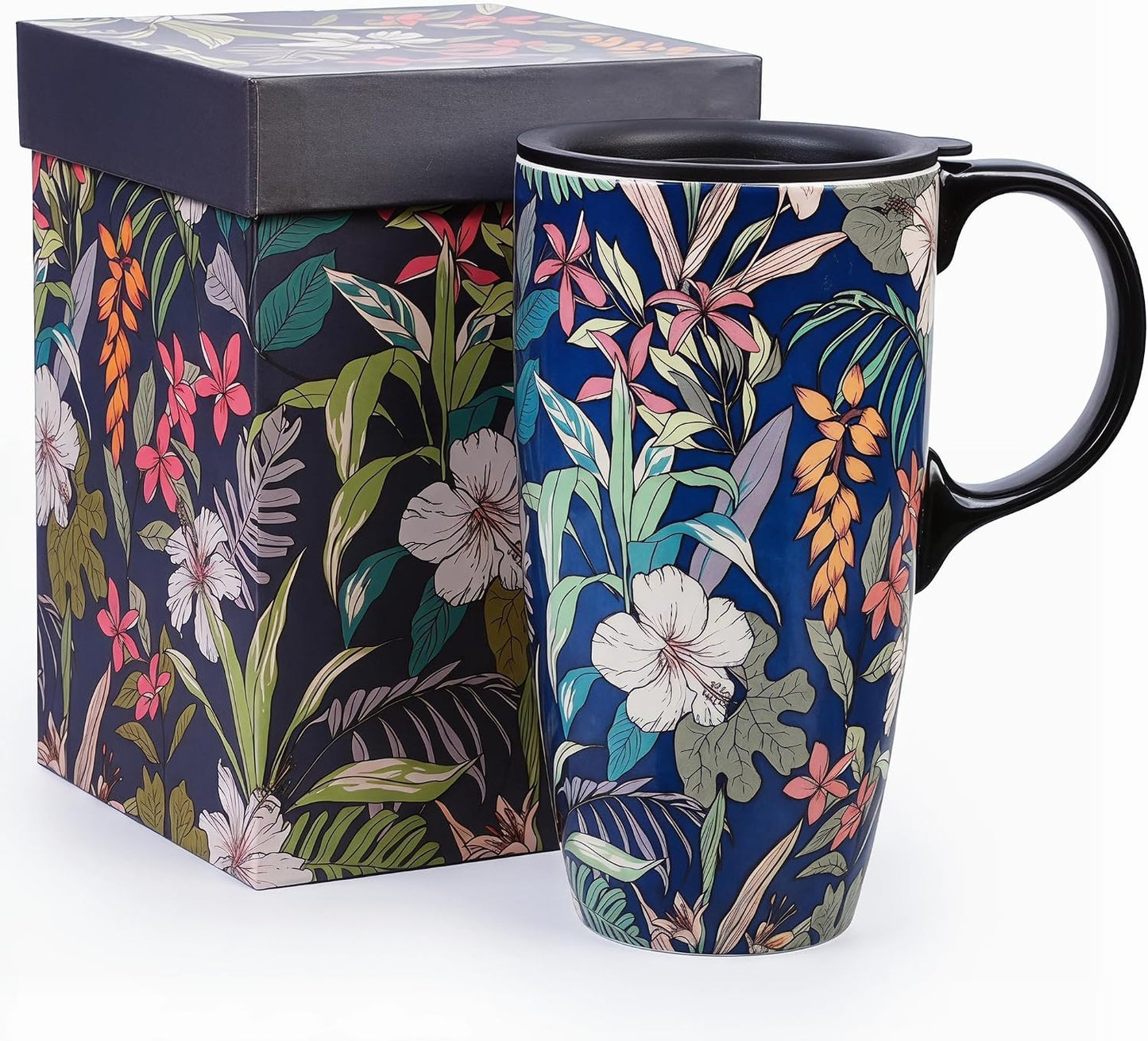 17 oz Ceramic Travel Mug with Lid and Handle, Floral | Tall Tea Cup, Microwave & Dishwasher Safe Coffee Cup, Gift Box Included