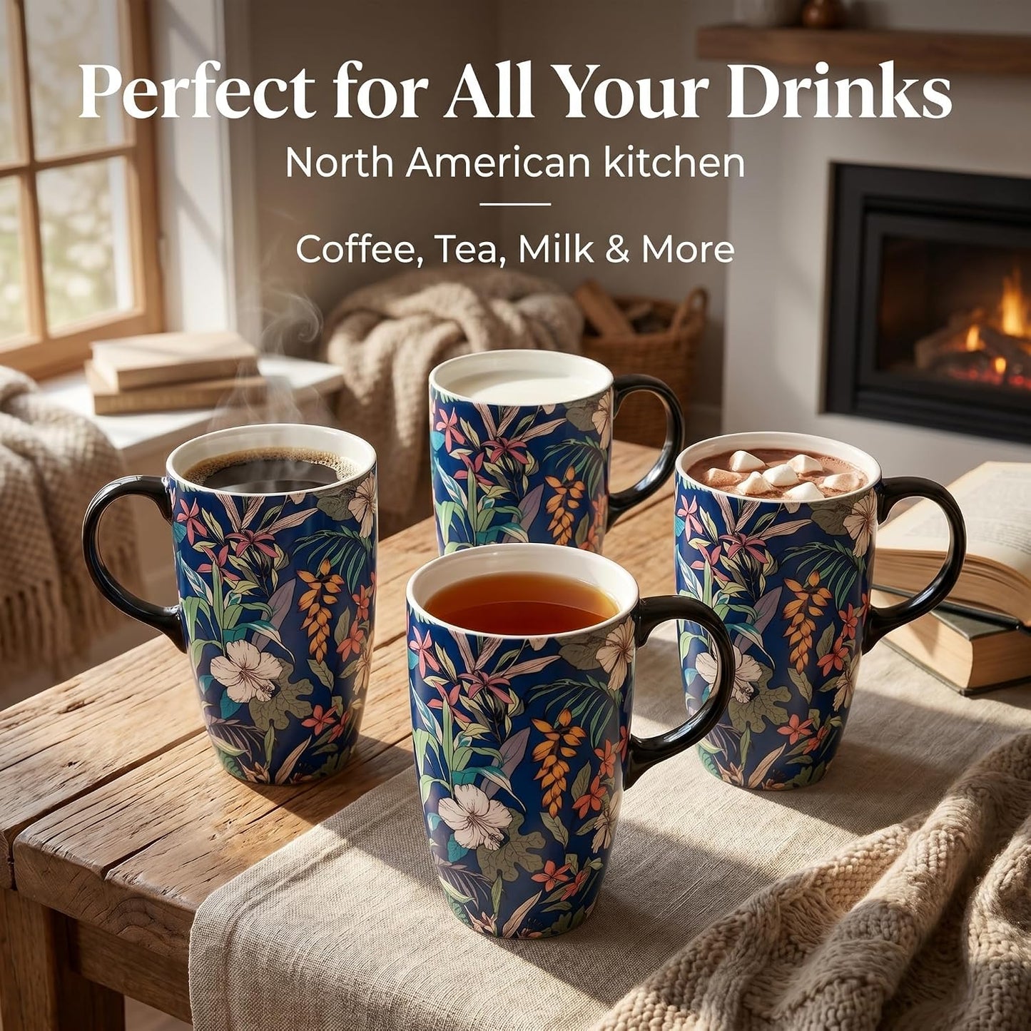 17 oz Ceramic Travel Mug with Lid and Handle, Floral | Tall Tea Cup, Microwave & Dishwasher Safe Coffee Cup, Gift Box Included