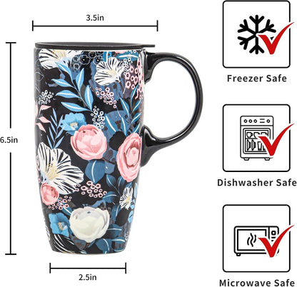17 oz Ceramic Travel Mug with Lid and Handle, Floral | Tall Tea Cup, Microwave & Dishwasher Safe Coffee Cup, Gift Box Included