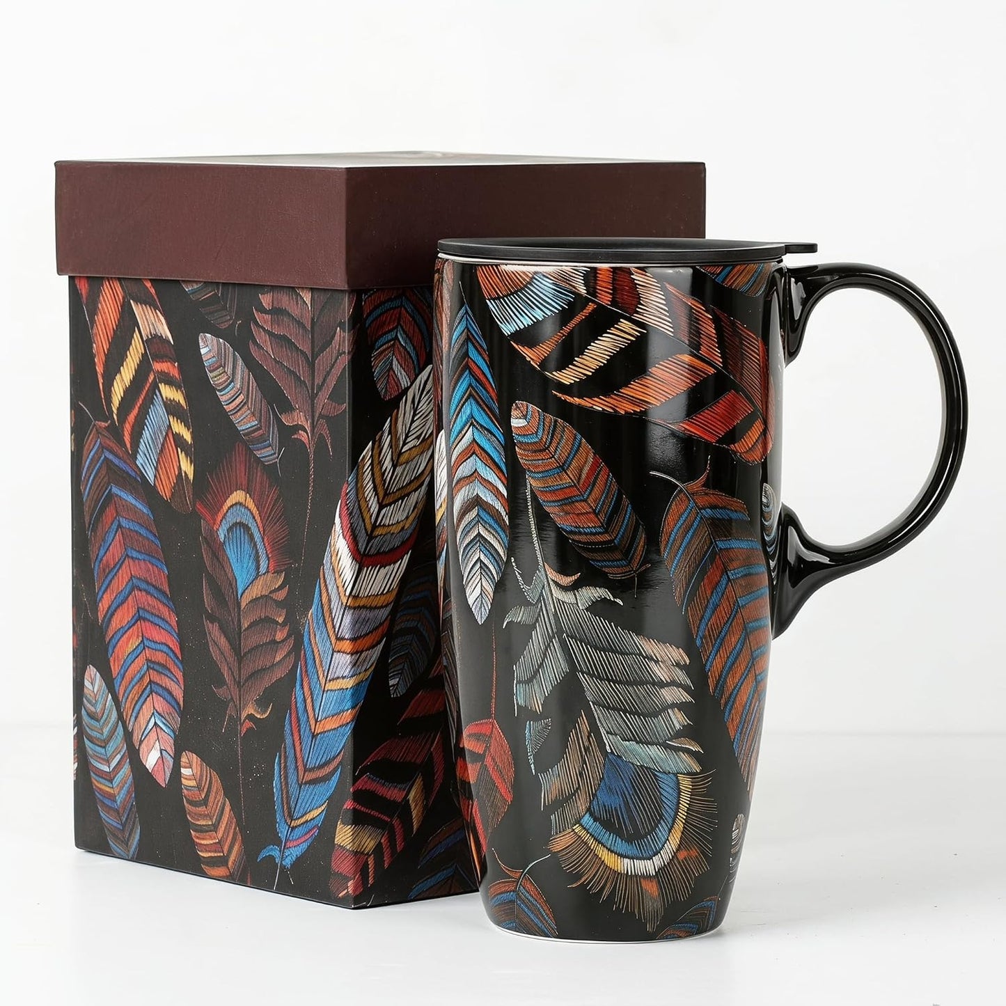 17 oz Ceramic Travel Mug with Lid and Handle, Floral | Tall Tea Cup, Microwave & Dishwasher Safe Coffee Cup, Gift Box Included