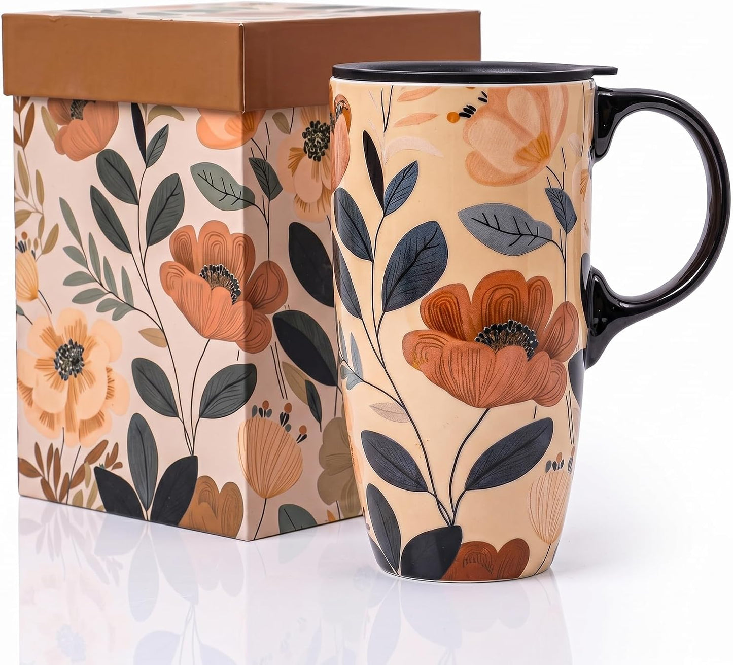 17 oz Ceramic Travel Mug with Lid and Handle, Floral | Tall Tea Cup, Microwave & Dishwasher Safe Coffee Cup, Gift Box Included