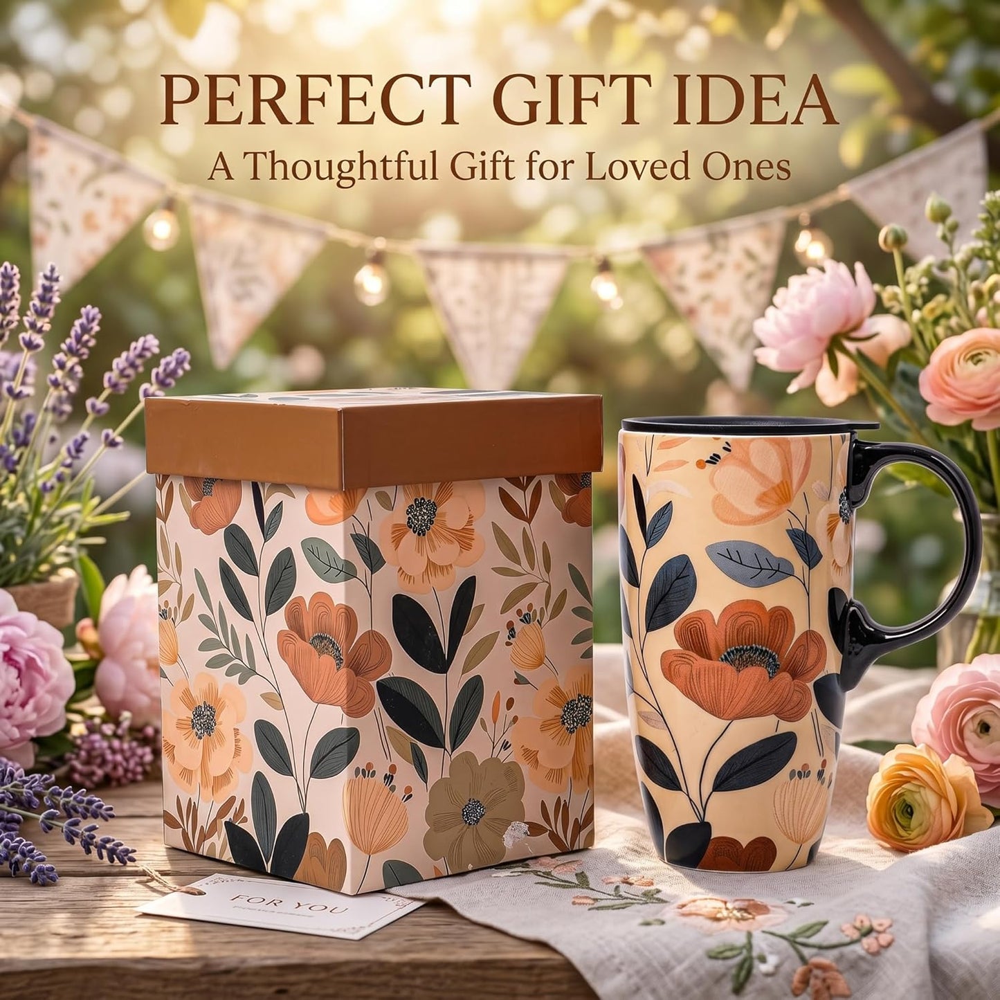 17 oz Ceramic Travel Mug with Lid and Handle, Floral | Tall Tea Cup, Microwave & Dishwasher Safe Coffee Cup, Gift Box Included