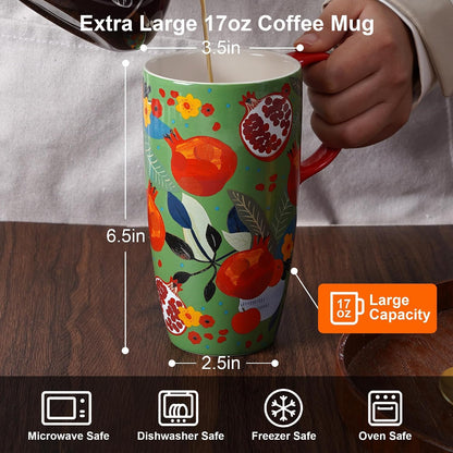 17 oz Ceramic Travel Mug with Lid and Handle, Floral | Tall Tea Cup, Microwave & Dishwasher Safe Coffee Cup, Gift Box Included