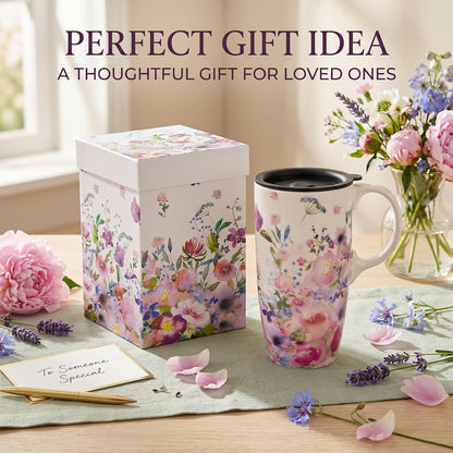 17 oz Ceramic Travel Mug with Lid and Handle, Floral | Tall Tea Cup, Microwave & Dishwasher Safe Coffee Cup, Gift Box Included