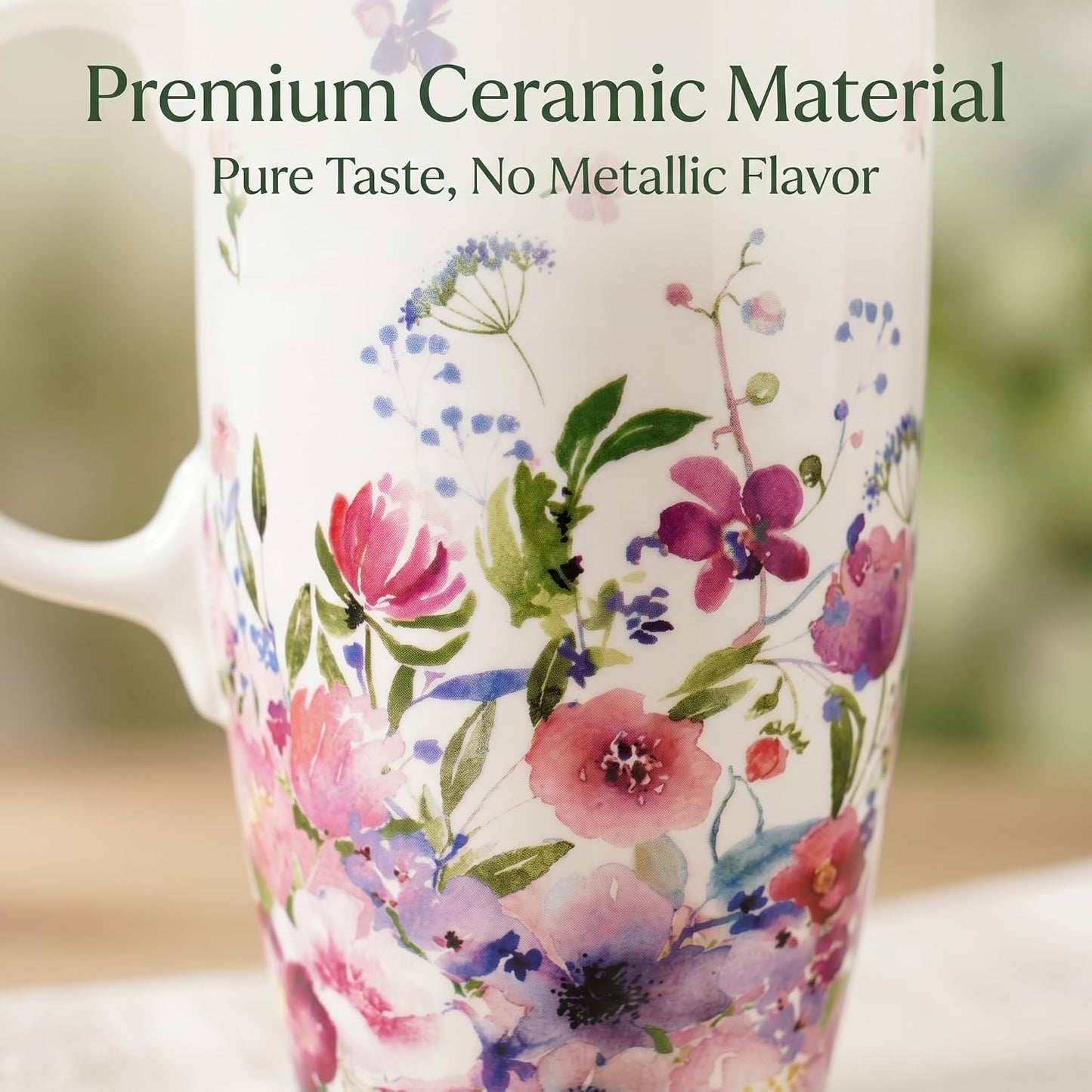 17 oz Ceramic Travel Mug with Lid and Handle, Floral | Tall Tea Cup, Microwave & Dishwasher Safe Coffee Cup, Gift Box Included
