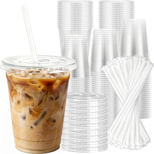 100 Sets 16 oz Plastic Cups with Lids and Straws