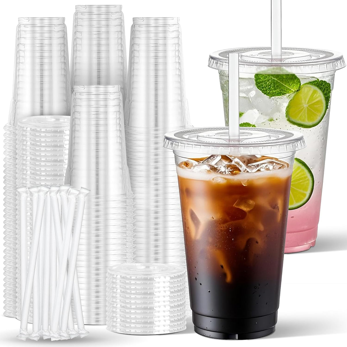 100 Sets 16 oz Plastic Cups with Lids and Straws