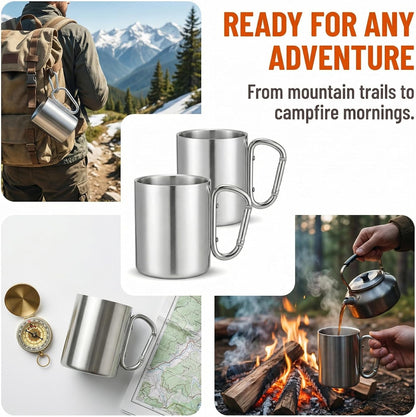 2 Pack Stainless Steel Coffee Mugs with Handles 10OZ Double Walled Travel Water Tea Coffee Cups for Backpacking, Camping & Hiking