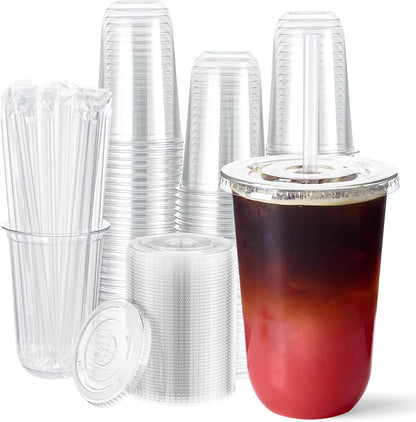 100 Pack 12 oz Disposable Plastic Cups with Lids and Straws