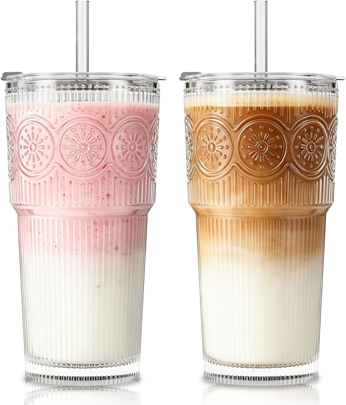 20oz Ribbed & Floral Glass Tumbler with Lid and Straw – Iced Coffee Glasses Cups for Smoothie, Matcha, Juice, Water etc. Leakproof and Reusable Glassware Drinking for Travel To Go