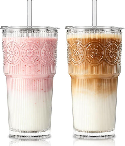 20oz Ribbed & Floral Glass Tumbler with Lid and Straw – Iced Coffee Glasses Cups for Smoothie, Matcha, Juice, Water etc. Leakproof and Reusable Glassware Drinking for Travel To Go