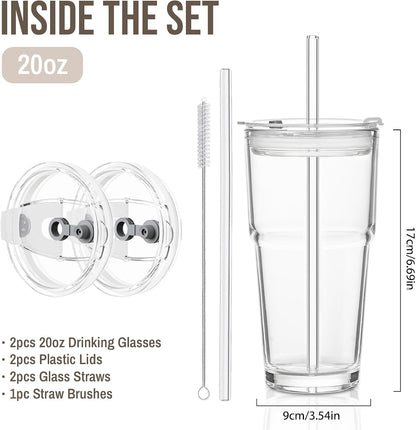 20oz Ribbed & Floral Glass Tumbler with Lid and Straw – Iced Coffee Glasses Cups for Smoothie, Matcha, Juice, Water etc. Leakproof and Reusable Glassware Drinking for Travel To Go