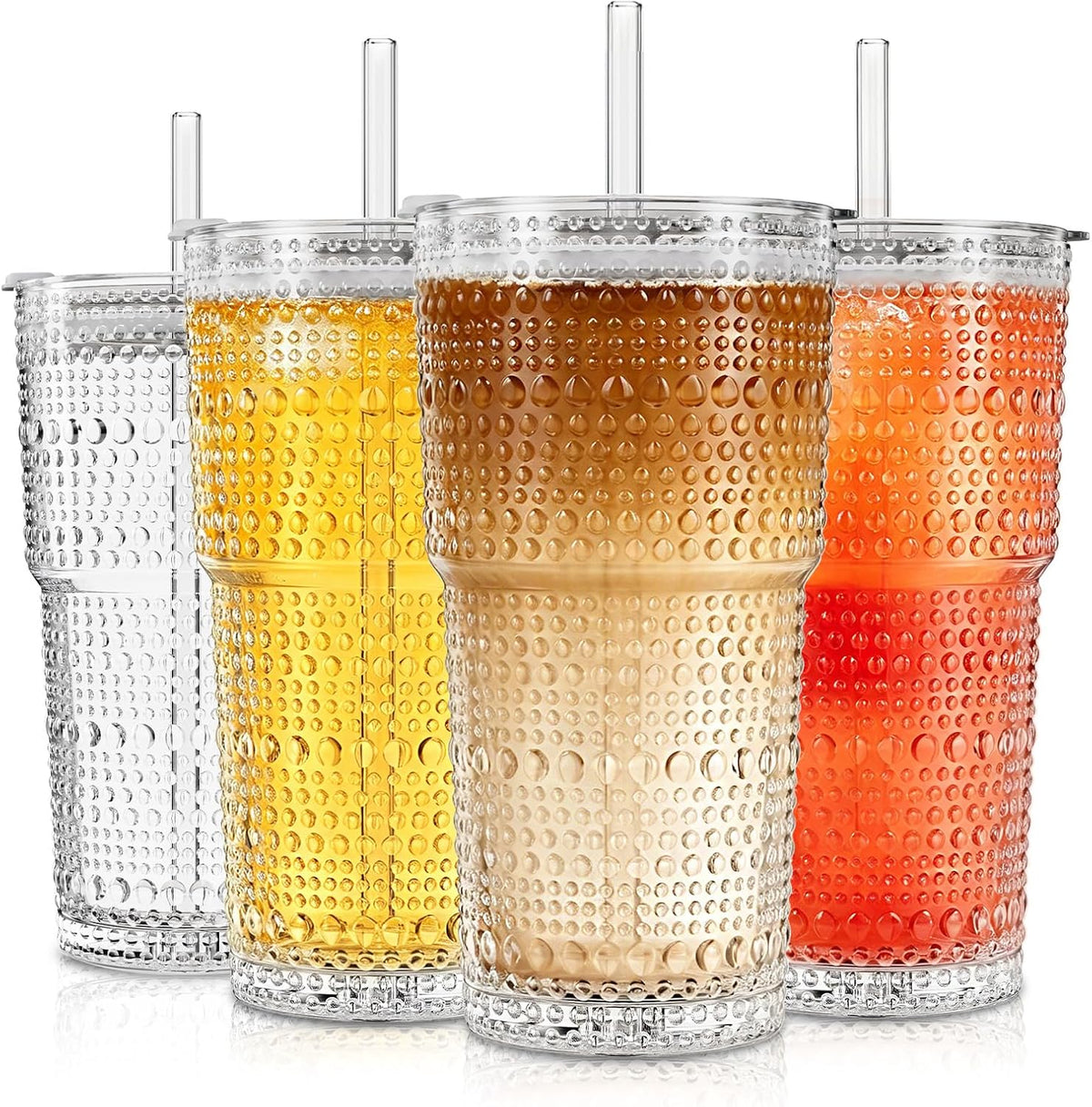 20oz Ribbed & Floral Glass Tumbler with Lid and Straw – Iced Coffee Glasses Cups for Smoothie, Matcha, Juice, Water etc. Leakproof and Reusable Glassware Drinking for Travel To Go
