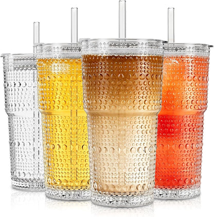 20oz Ribbed & Floral Glass Tumbler with Lid and Straw – Iced Coffee Glasses Cups for Smoothie, Matcha, Juice, Water etc. Leakproof and Reusable Glassware Drinking for Travel To Go