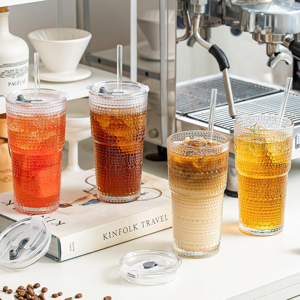 20oz Ribbed & Floral Glass Tumbler with Lid and Straw – Iced Coffee Glasses Cups for Smoothie, Matcha, Juice, Water etc. Leakproof and Reusable Glassware Drinking for Travel To Go
