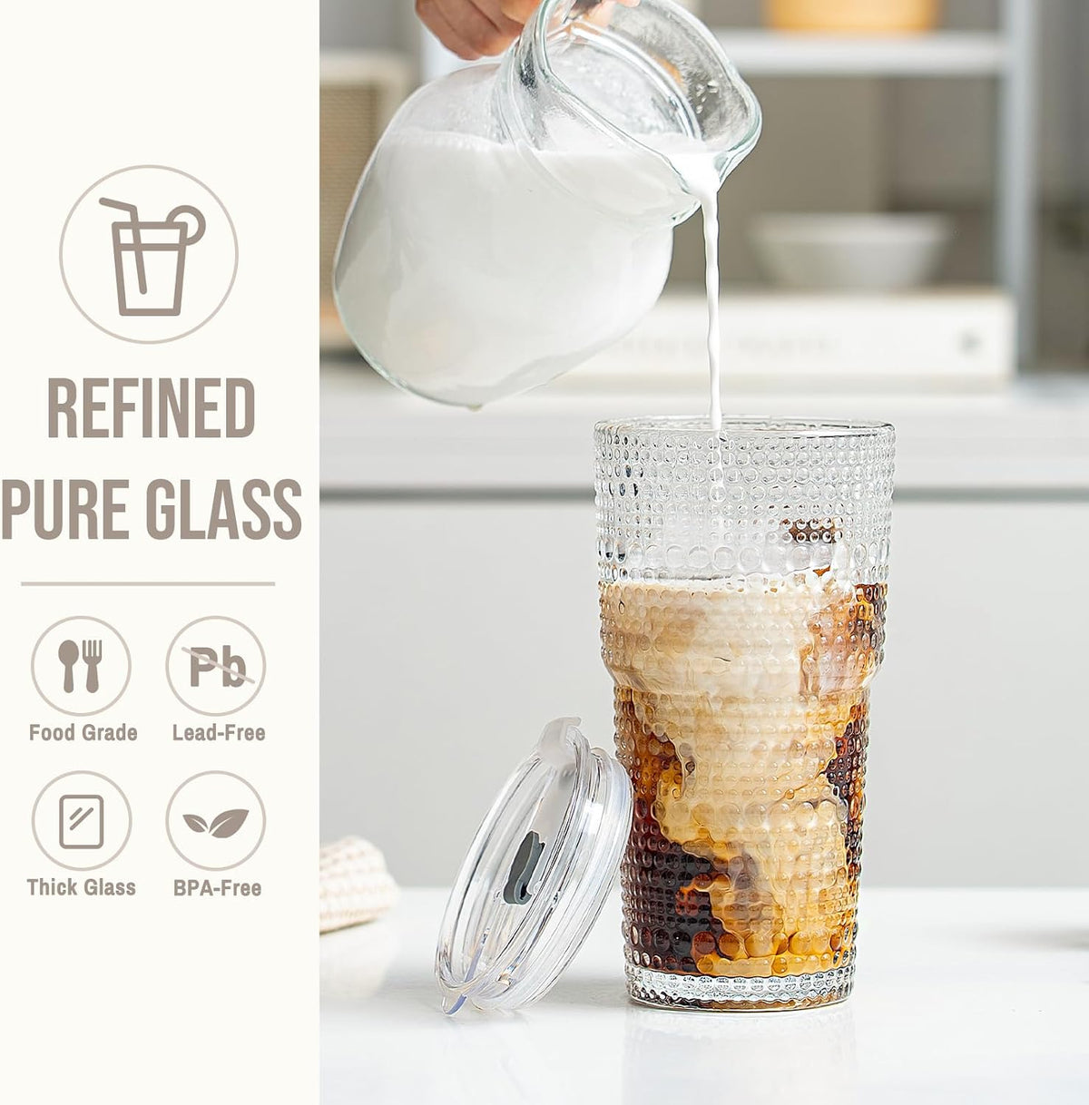 20oz Ribbed & Floral Glass Tumbler with Lid and Straw – Iced Coffee Glasses Cups for Smoothie, Matcha, Juice, Water etc. Leakproof and Reusable Glassware Drinking for Travel To Go