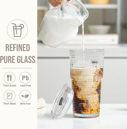 20oz Ribbed & Floral Glass Tumbler with Lid and Straw – Iced Coffee Glasses Cups for Smoothie, Matcha, Juice, Water etc. Leakproof and Reusable Glassware Drinking for Travel To Go
