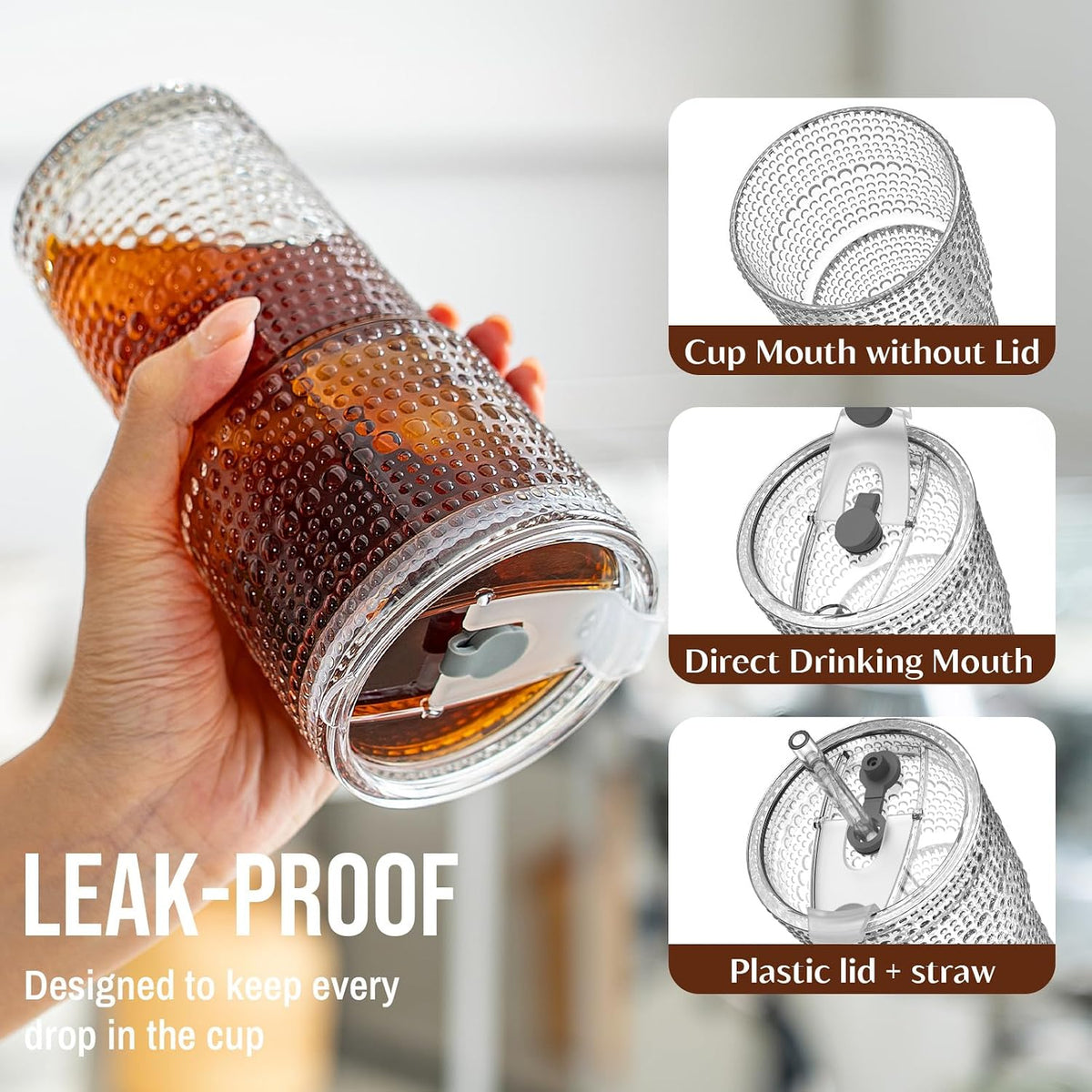 20oz Ribbed & Floral Glass Tumbler with Lid and Straw – Iced Coffee Glasses Cups for Smoothie, Matcha, Juice, Water etc. Leakproof and Reusable Glassware Drinking for Travel To Go