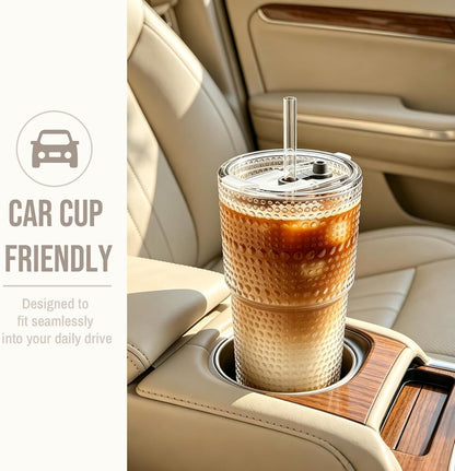 20oz Ribbed & Floral Glass Tumbler with Lid and Straw – Iced Coffee Glasses Cups for Smoothie, Matcha, Juice, Water etc. Leakproof and Reusable Glassware Drinking for Travel To Go