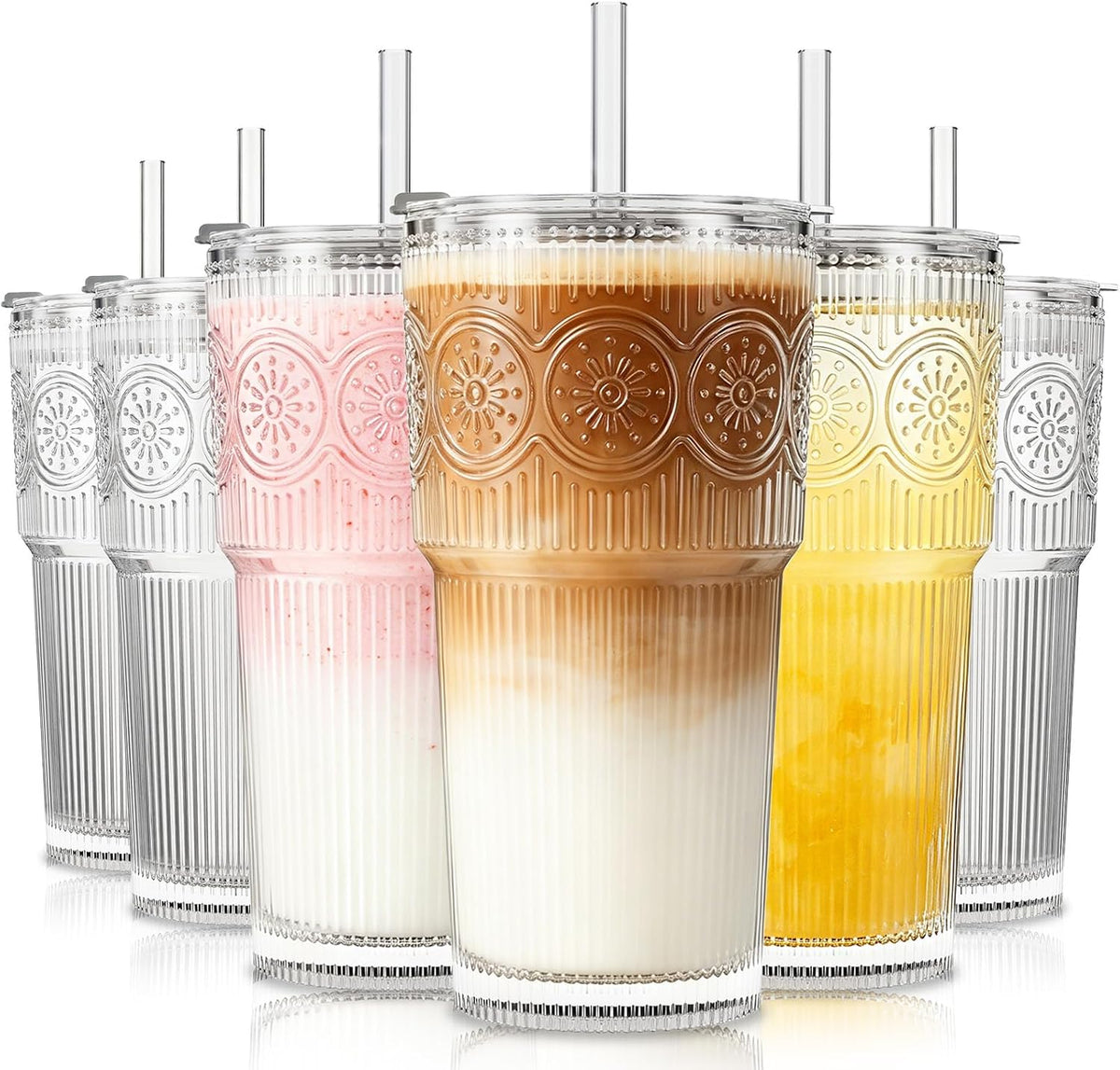 20oz Ribbed & Floral Glass Tumbler with Lid and Straw – Iced Coffee Glasses Cups for Smoothie, Matcha, Juice, Water etc. Leakproof and Reusable Glassware Drinking for Travel To Go