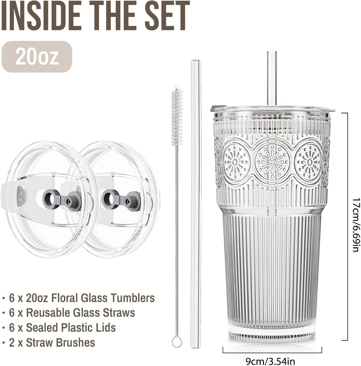 20oz Ribbed & Floral Glass Tumbler with Lid and Straw – Iced Coffee Glasses Cups for Smoothie, Matcha, Juice, Water etc. Leakproof and Reusable Glassware Drinking for Travel To Go