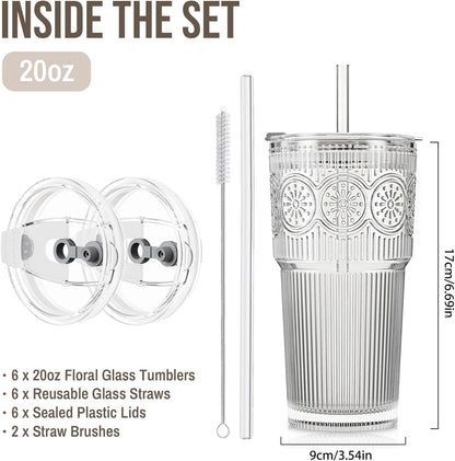 20oz Ribbed & Floral Glass Tumbler with Lid and Straw – Iced Coffee Glasses Cups for Smoothie, Matcha, Juice, Water etc. Leakproof and Reusable Glassware Drinking for Travel To Go