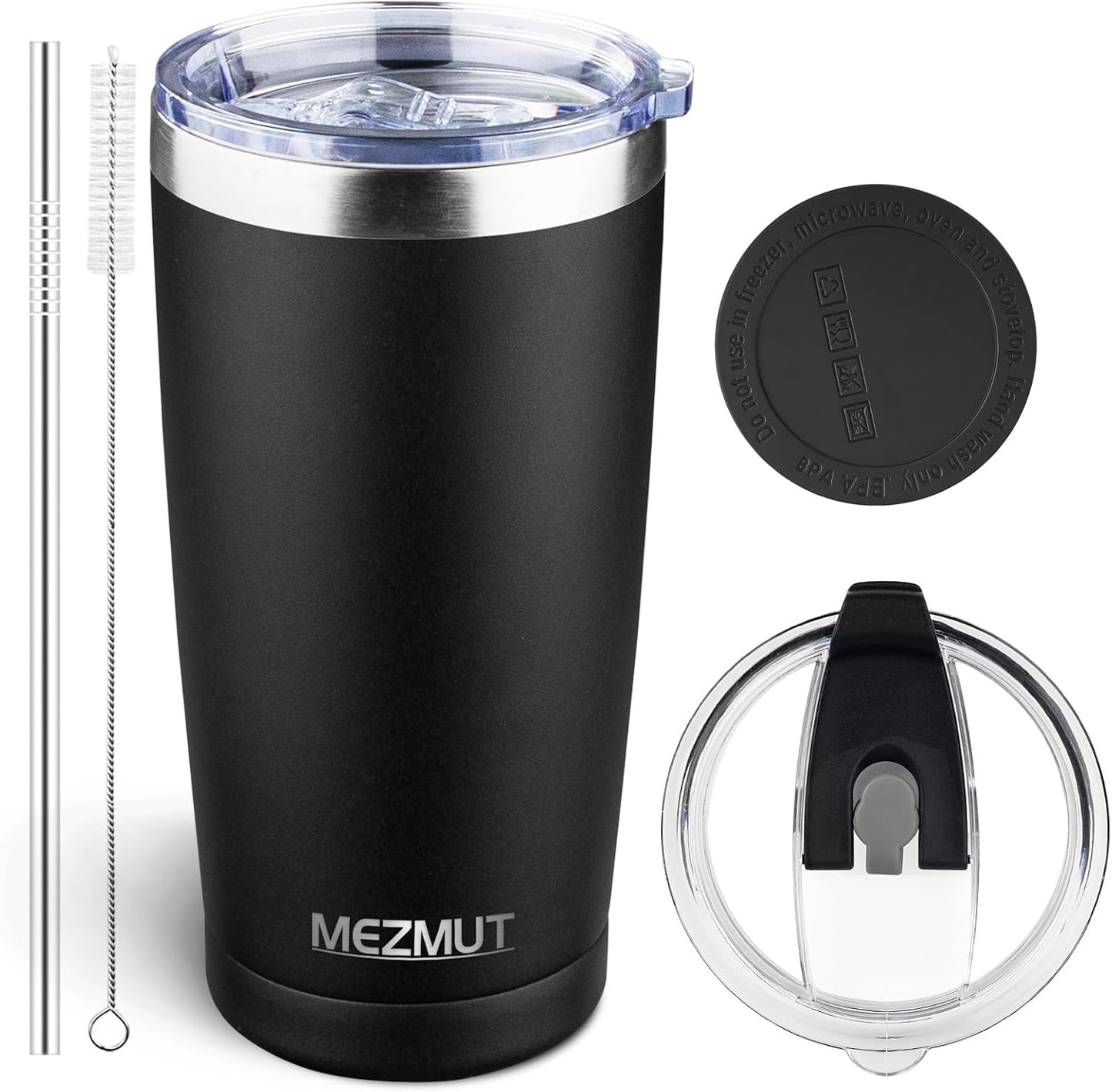 20oz Insulated Tumbler Cup Travel Coffee Mug with Lid Straw(Black,1) | 18/8 Stainless Steel Double Wall Vacuum Spill Proof Metal Insulated Tumbler with Daul Lid and Straw, Hot or Iced Coffee Cup