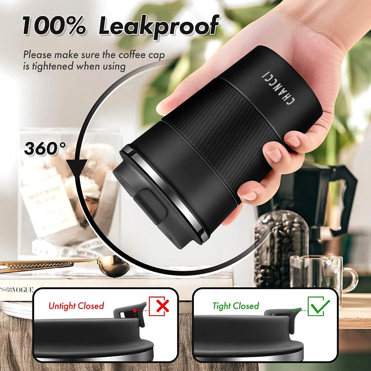 16oz Travel Coffee Mug Spill Proof, Insulated Coffee Mug with Lid, Leakproof Coffee Tumbler,Stainless Steel Vacuum Coffee Cup for Hot/Cold Drinks, Reusable Coffee Cup for Men Women -510ml,Black