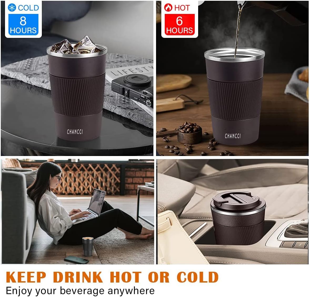 16oz Travel Coffee Mug Spill Proof, Insulated Coffee Mug with Lid, Leakproof Coffee Tumbler,Stainless Steel Vacuum Coffee Cup for Hot/Cold Drinks, Reusable Coffee Cup for Men Women -510ml,Black