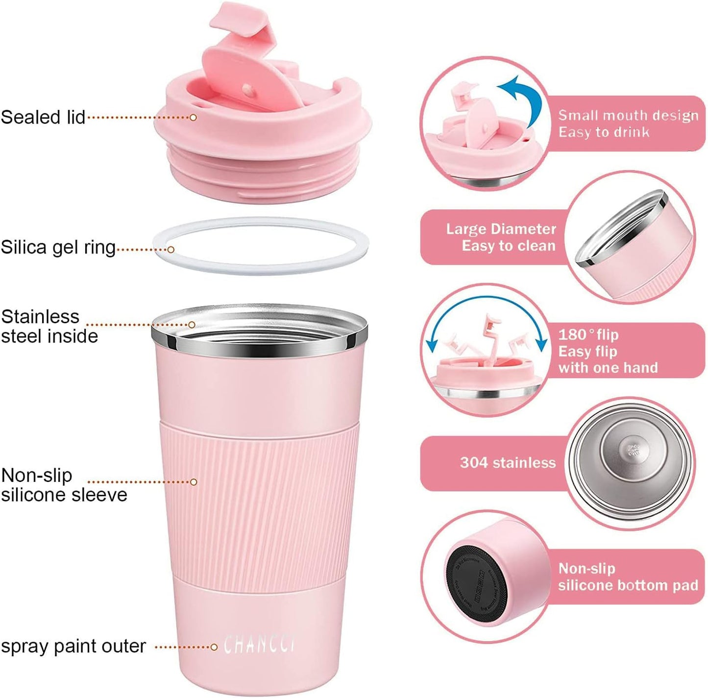 16oz Travel Coffee Mug Spill Proof, Insulated Coffee Mug with Lid, Leakproof Coffee Tumbler,Stainless Steel Vacuum Coffee Cup for Hot/Cold Drinks, Reusable Coffee Cup for Men Women -510ml,Black