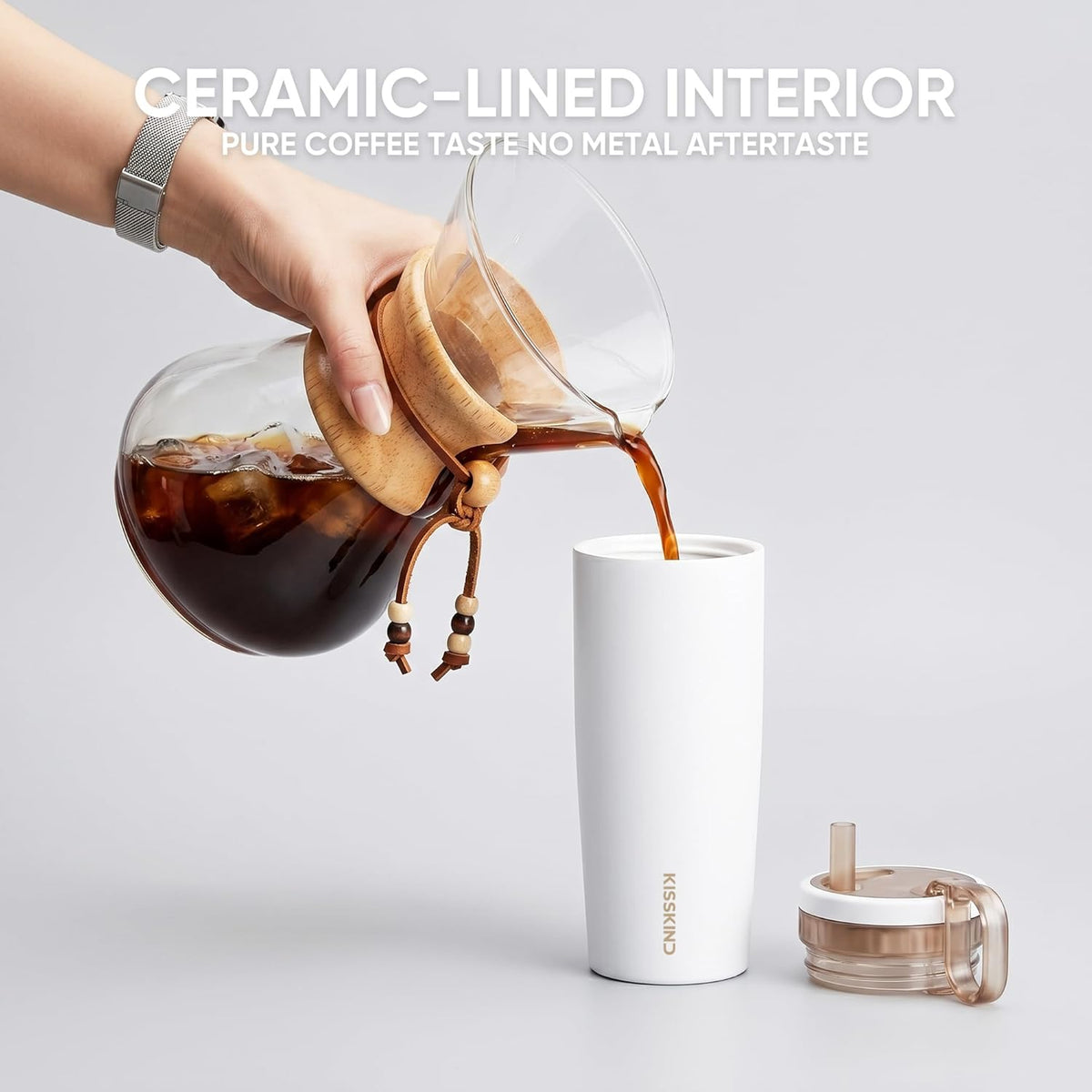 Leakproof Iced Coffee Tumbler 20 oz, Insulated Ceramic Lined Cup | Iced Coffee All Day, Leakproof, Ceramic-Lined Interior, Bag-Safe Commute, Work, Travel, Fits Cup Holders, Hidden Straw Lid