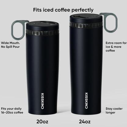 Leakproof Iced Coffee Tumbler 20 oz, Insulated Ceramic Lined Cup | Iced Coffee All Day, Leakproof, Ceramic-Lined Interior, Bag-Safe Commute, Work, Travel, Fits Cup Holders, Hidden Straw Lid