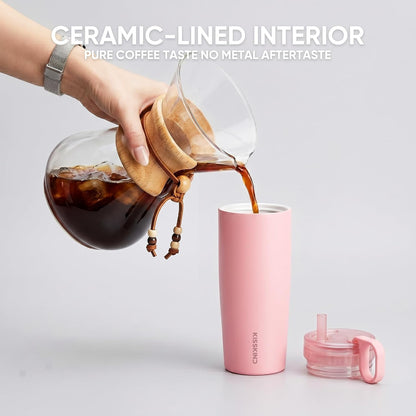 Leakproof Iced Coffee Tumbler 20 oz, Insulated Ceramic Lined Cup | Iced Coffee All Day, Leakproof, Ceramic-Lined Interior, Bag-Safe Commute, Work, Travel, Fits Cup Holders, Hidden Straw Lid